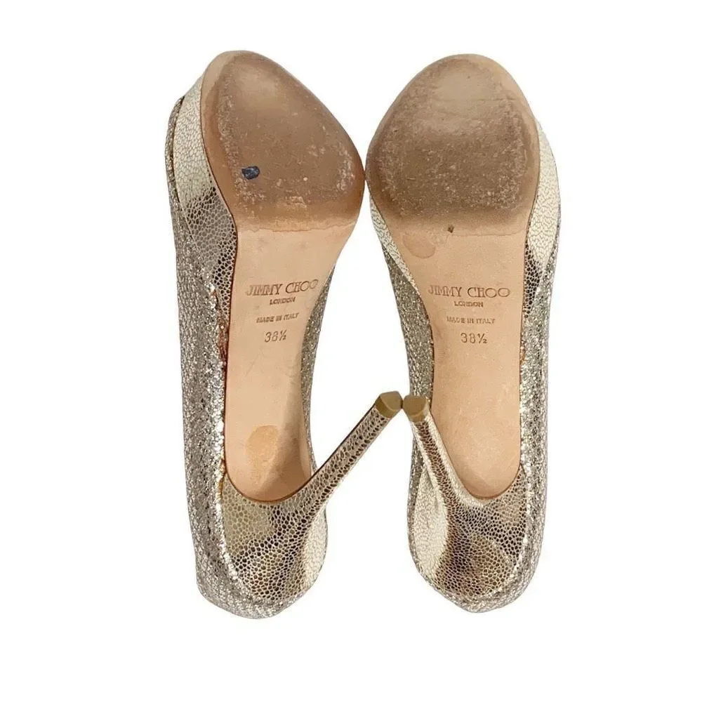 Jimmy Choo Gold Champagne Glitter Luna Peep Toe Platform Pumps Women’s Size 38.5
